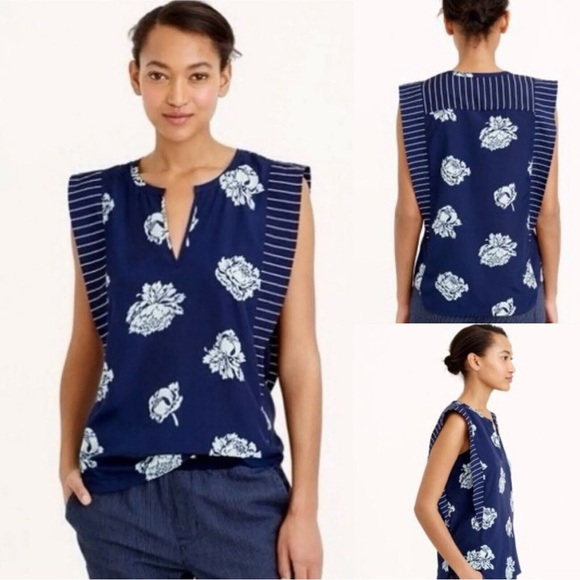Lot of 2 J.Crew Navy Tops Striped Bib and Peony Print - Picture 5 of 9